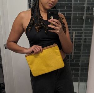 Banana Republic bright yellow faux animal hair clutch